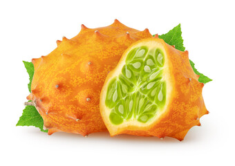 Poster - Isolated kiwanos. One fresh kiwano melon fruit and a half with leaves isolated on white background with clipping path