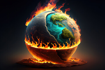 Businessman and girl pushing burning globe