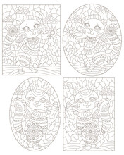 A Set Of Contour Illustrations In The Style Of Stained Glass With Cute Cartoon Cats, Dark Contours On A White Background