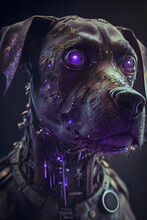 Close Up Portrait Photo Of A Damaged Dog Droid, Bejeweled Skin, Purple Neon Eyes, Dimly Glowing Internal Parts, Generative AI	