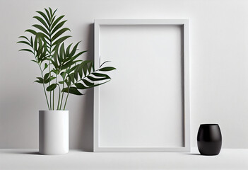 Wall Mural - Square frame mockup on table. Modern white ceramic vase with grass, AI Generated