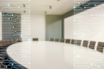 Aufkleber - Double exposure of abstract virtual circuit hologram on a modern meeting room background. Research and development hardware concept