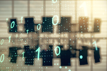 Aufkleber - Abstract virtual binary code sketch on a modern boardroom background, hacking and matrix concept. Multiexposure