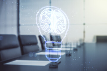 Wall Mural - double exposure of abstract virtual creative light bulb hologram with human brain on a modern meetin