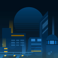 Poster - Flat Styled Metropolis Cityscape at night with Blurry Moon, Half Tone Blue and Yellow