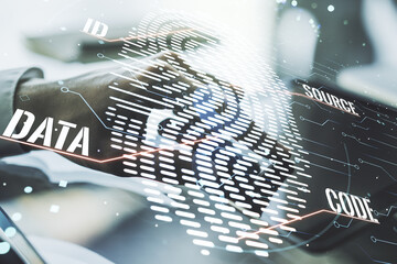 Aufkleber - Double exposure of abstract creative fingerprint hologram with finger clicks on a digital tablet on background, protection of personal information concept