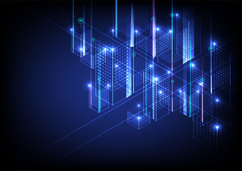 Poster - Perspective Abstract Background Night technology city view and street glow There is a neon beam illuminating the Wi-Fi icon. with a point of light on the top of the building blue gradient background