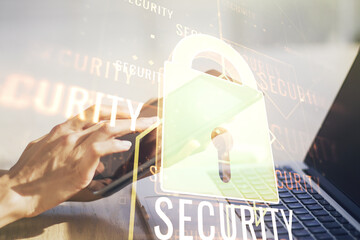 Aufkleber - Creative lock illustration with microcircuit and finger presses on a digital tablet on background, cyber security concept. Multiexposure
