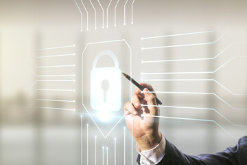 Poster - Double exposure of male hand with pen working with virtual creative lock hologram with chip on blurred office background. Information security concept