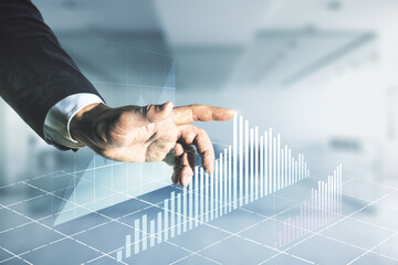 Aufkleber - Multi exposure of trader hand clicks on virtual abstract financial graph interface on blurred office background, financial and trading concept