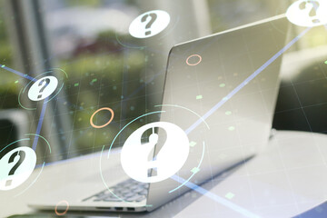 Aufkleber - Creative abstract question mark sketch on modern laptop background, FAQ and research concept. Double exposure