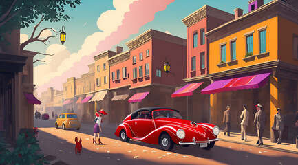 A bustling city street with red 40s sport car. AI generated illustration