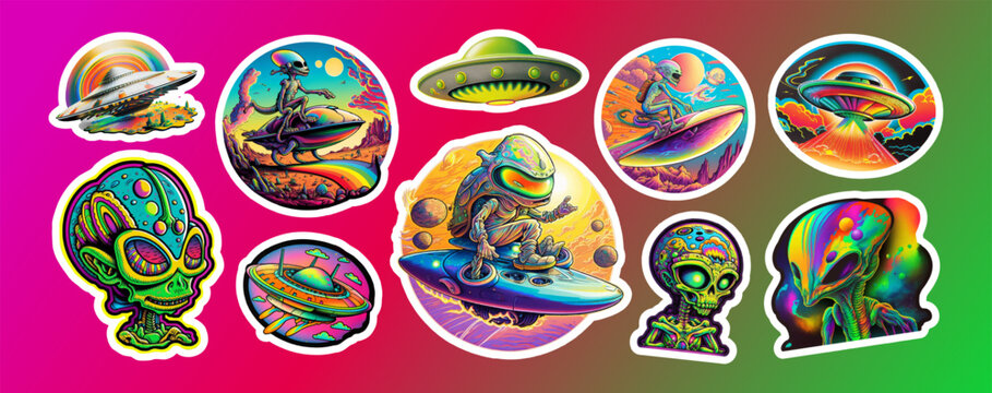big bundle of stickers with funny aliens, ufo. ai. vector collection sticker of psychedelic aliens, 