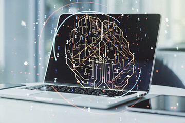 Aufkleber - Creative artificial Intelligence concept with human brain sketch on modern computer background. Double exposure