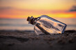 canvas print picture - Message in the bottle against the Sun setting down