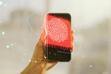 Fototapete - Multi exposure of creative fingerprint hologram and hand with cell phone on background, personal biometric data concept