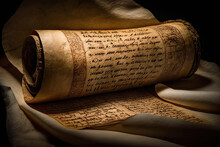 Ancient Scroll Of Papyrus With Inscriptions. Generative AI.