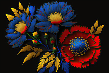 Wall Mural - yellow, red and blue flowers. Generative AI image.