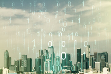 Aufkleber - Abstract virtual binary code hologram on Los Angeles cityscape background, AI and machine learning concept. Multiexposure