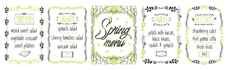 Wall Mural - spring menu board vector template with starters menu, salads menu, main dishes and desserts