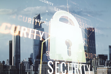 Poster - Virtual creative lock illustration with microcircuit on New York cityscape background, cyber security concept. Multiexposure