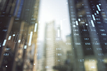 Poster - Double exposure of abstract creative statistics data hologram on blurry cityscape background, analytics and forecasting concept