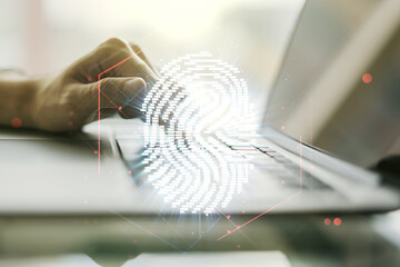 Aufkleber - Double exposure of abstract creative fingerprint hologram with hands typing on laptop on background, protection of personal information concept
