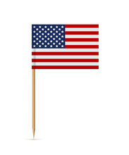 Miniature Rectangle Paper American Flag On Wooden Stick Or Toothpick. Decoration For Cupcake Or Other Food. 4th Of July, Independence Or Presidents Day Of USA, United States Of America