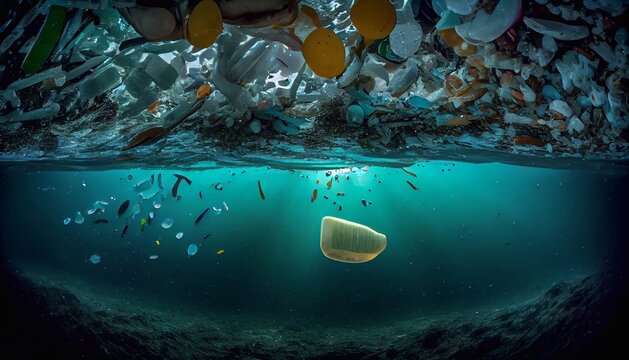 plastic waste and trash under water in the ocean. climate change, the concept of protecting the envi