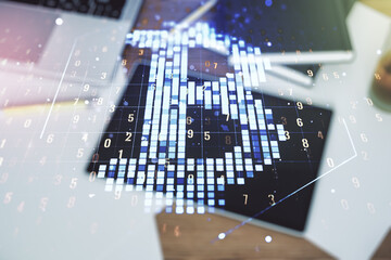 Poster - Double exposure of creative Bitcoin symbol hologram and modern digital tablet on background. Mining and blockchain concept