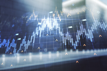 Poster - Multi exposure of abstract financial diagram and world map on contemporary business center exterior background, banking and accounting concept