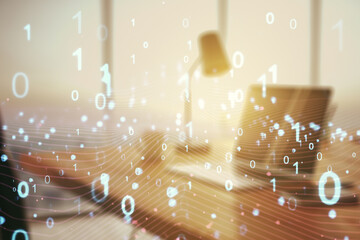 Aufkleber - Creative abstract binary code hologram on modern computer background, AI and machine learning concept. Multiexposure