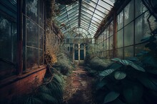 Abandoned Greenhouse Interior With Withered Dried Plants. Old Home Garden With Wilted Vegetation. AI Generative