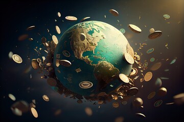 Earth globe, sphere planet with coins, cash flying around. Financial concept. AI generative