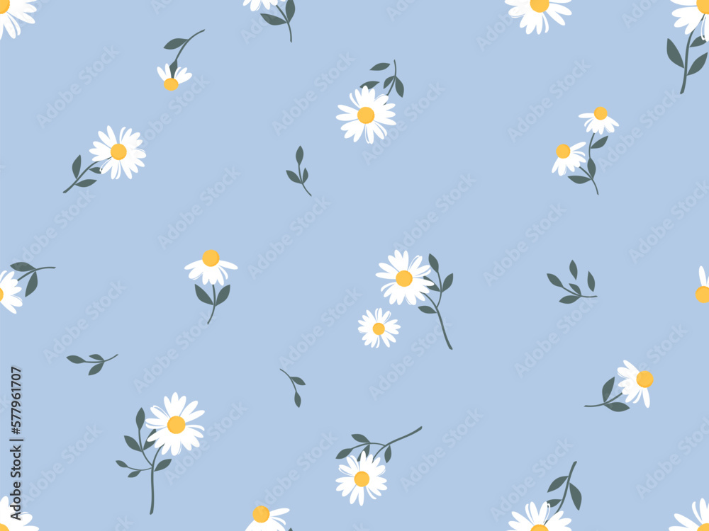 Seamless pattern with chamomiles daisy flower on blue background vector ...