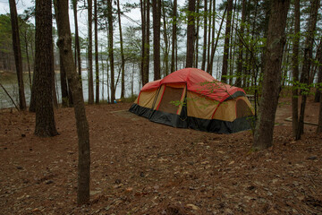 Canvas Print - Two room nylon tent near a lake