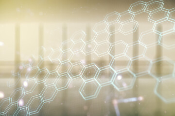 Poster - Abstract virtual wireless technology hologram with hexagon on empty modern office background. Big data and database concept. Multiexposure