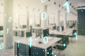 Aufkleber - Abstract virtual binary code sketch on a modern furnished office interior background, hacking and matrix concept. Multiexposure