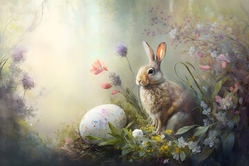 Small baby bunny rabbit with fluffy fur and easter eggs in the fresh bright spring landscape. Watercolor, Ideal as an Easter card, greeting card or wallpaper. Generative AI.