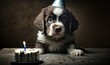  a puppy with a birthday hat sitting next to a cake.  generative ai