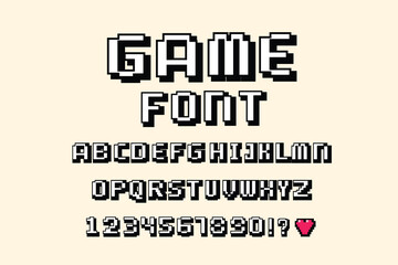 Poster - font and numbers. Video computer game design 8 bit . Vector alphabet