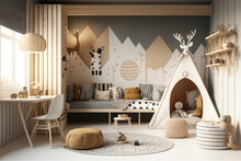 Modern Interior Of A Scandinavian Children's Room. Generative AI