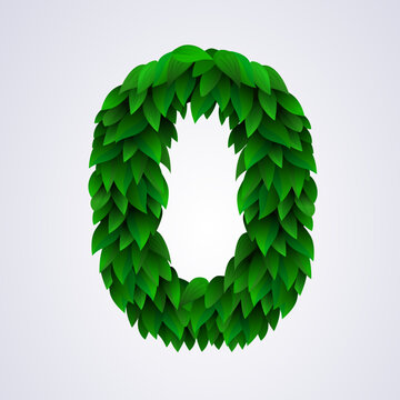 Number 0 made of green leaves.