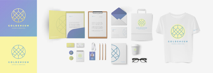 Logo and corporate identity mockup with folder, business card, form A4 and paper bag. Blue and yellow branding colors and circle minimal logo on t-shirt and envelope.