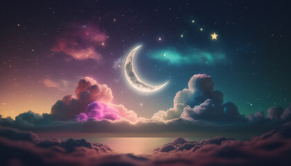 colorful islamic ramadan greetings background with crescent moon over clouds