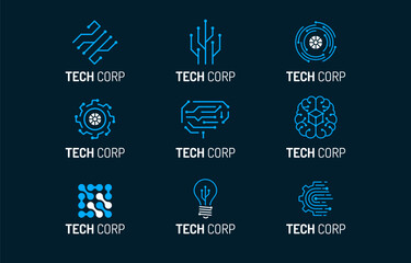 Poster - flat microelectronics circuits technology logo set