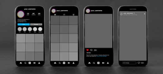 Mockup of social media app user interface in dark screen mode