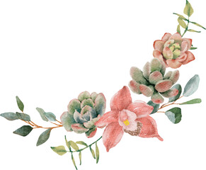 watercolor succulent and flower bouquet wreath frame