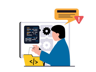 Leinwandbilder - Programming software concept with character situation. Man working with code part, fixing bugs and testing, technical support process. Illustrations with people scene in flat design for web