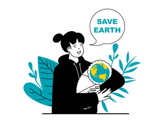 Fototapete - Save Earth concept with character situation. Woman mother hugs sweet earth and presses to herself, protects and preserves nature and world. Illustrations with people scene in flat design for web
